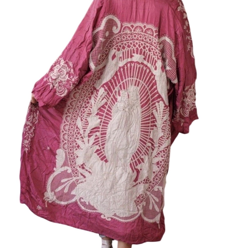 Magnolia Pearl Long Embroidered LOVE Pink Blessed Mother Mary Silk Kimono NWT